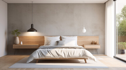 a modern bedroom with a white bedframe and two nightstands and an accent wall