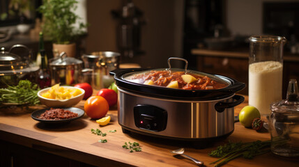 National Slow Cooking Month: A slow cooker on a kitchen counter with ingredients prepped around it for a stew or casserole.