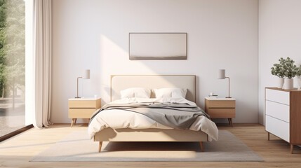 Fototapeta na wymiar a modern bedroom with a white bedframe and two nightstands and an accent wall