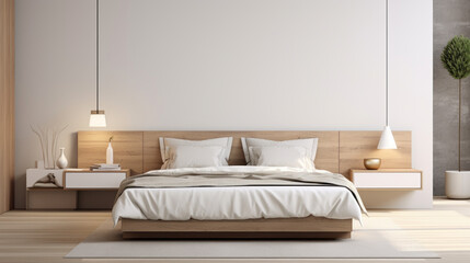 a modern bedroom with a white bedframe and two nightstands and an accent wall