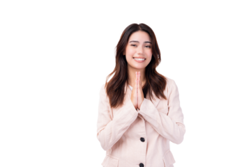 Asian young business woman praying god put hands together for begging Millennial teenager girl ask god for help Pretty young business woman beg for mercy apologize Isolated on pink background