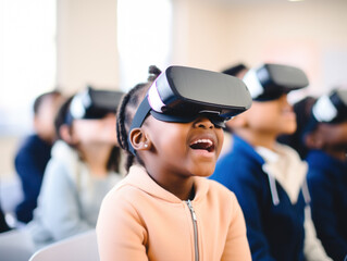 Young girl with VR headset in classroom smiling.