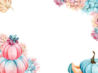 Hand drawn pink, blue pumpkins, hydrangea flowers isolated on white background. Rectangular card for text, inscriptions. Botanical, watercolor illustration. Autumn.