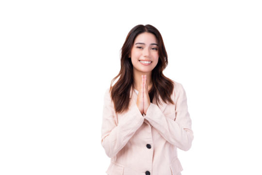 Asian young business woman praying god put hands together for begging Millennial teenager girl ask god for help Pretty young business woman beg for mercy apologize Isolated on pink background