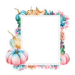 Watercolor rectangular frame for text. Hand drawn colorful pumpkins and hydrangea bouquets isolated on a white background. Autumn, Thanksgiving. Vertical frame.