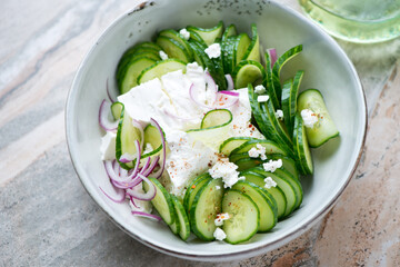 Salad with fresh cucumber slices, feta cheese and red onion served in a grey bowl, middle close-up, horizontal shot