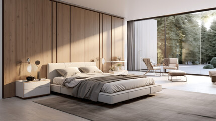 a modern bedroom with white walls and a grey carpet A king-sized bed is in the center of the room and with two bedside tables on each side In the corner