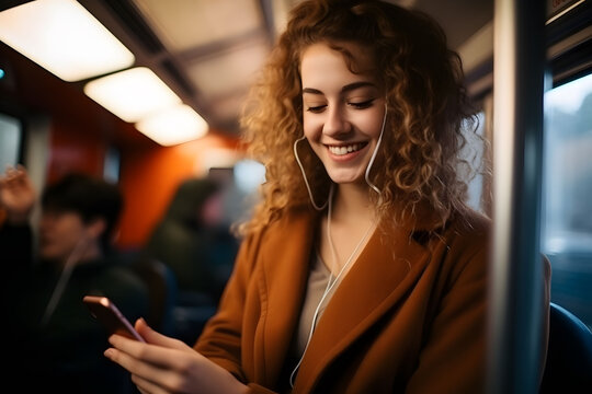 happy girl traveling on public bus using smartphone. soft focus image of a woman standing in a public transport depicting busy modern urban life