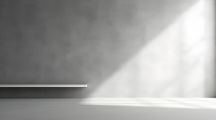 Minimal abstract light gray background for product presentation. Shadow and light from windows on plaster wall.