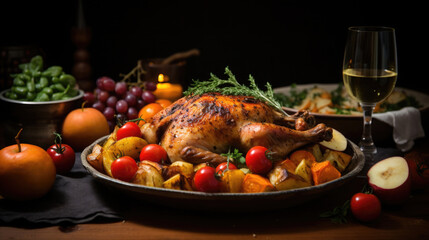 National Sunday Supper Month: A family-style dining table set with a roasted chicken, vegetables, and all the fixings for a traditional Sunday supper