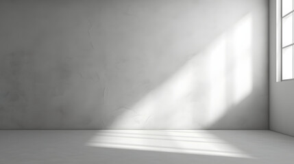 Minimal abstract light gray background for product presentation. Shadow and light from windows on plaster wall.