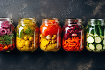 Jars with a variety of pickled vegetables and fruits, pickling