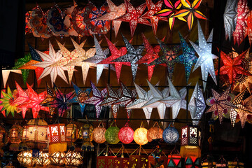 Hanging Diwali Lamp (Kandil) - Diwali Festival Background, Colourful lanterns made by paper eco friendly material akashkandil hang shop sell celebrating diwali festival in Pune, Maharashtra, India.