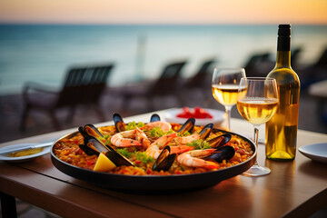 Seafood paella with a glass of wine on the table, set against a Mediterranean sea view at sunset.