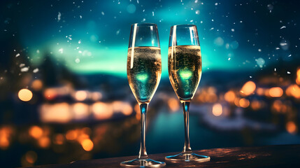 Two flute champagne glasses on snowy table with background of  winter nordic nature with northern lights in sky, polar night, concept of spending Christmas and New year or anniversary in north. - obrazy, fototapety, plakaty
