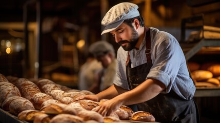 National Wheat Bread Month: A baker pulling trays of whole wheat bread out of an industrial oven in an artisan bakery.