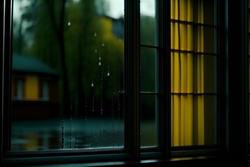 Cinematic image outside the yellow window on a rainy day