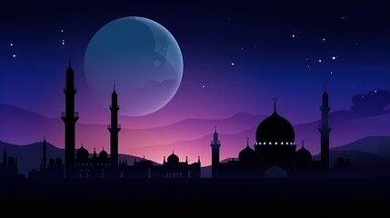 Mosque dome and crescent moon in the background, symbol of Islamic religion and empty space for text. Generative AI - obrazy, fototapety, plakaty