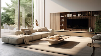 a modern family room with a plush sectional sofa and a coffee table