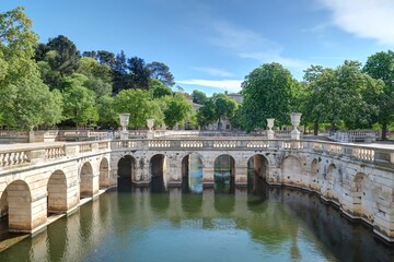 centre ville de Nîmes, jardin de la fontaine, maison carrée et arènes - obrazy, fototapety, plakaty