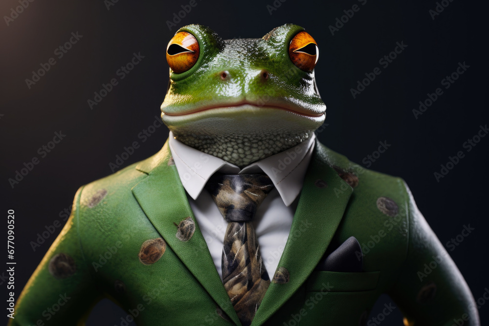 Poster A picture of a frog dressed in a suit and tie. This image can be used to depict a frog in a formal setting or to represent concepts such as sophistication, elegance, and unexpected attire