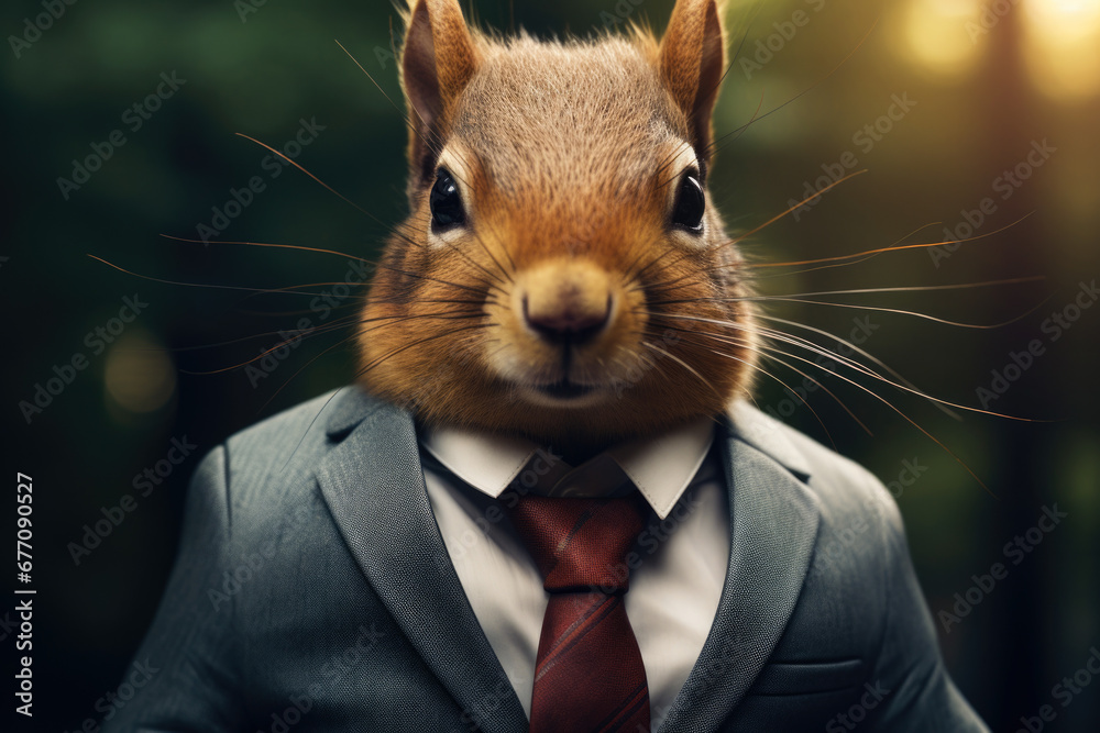 Poster A picture of a squirrel wearing a formal suit and tie. This image can be used to add a touch of whimsy or humor to any project