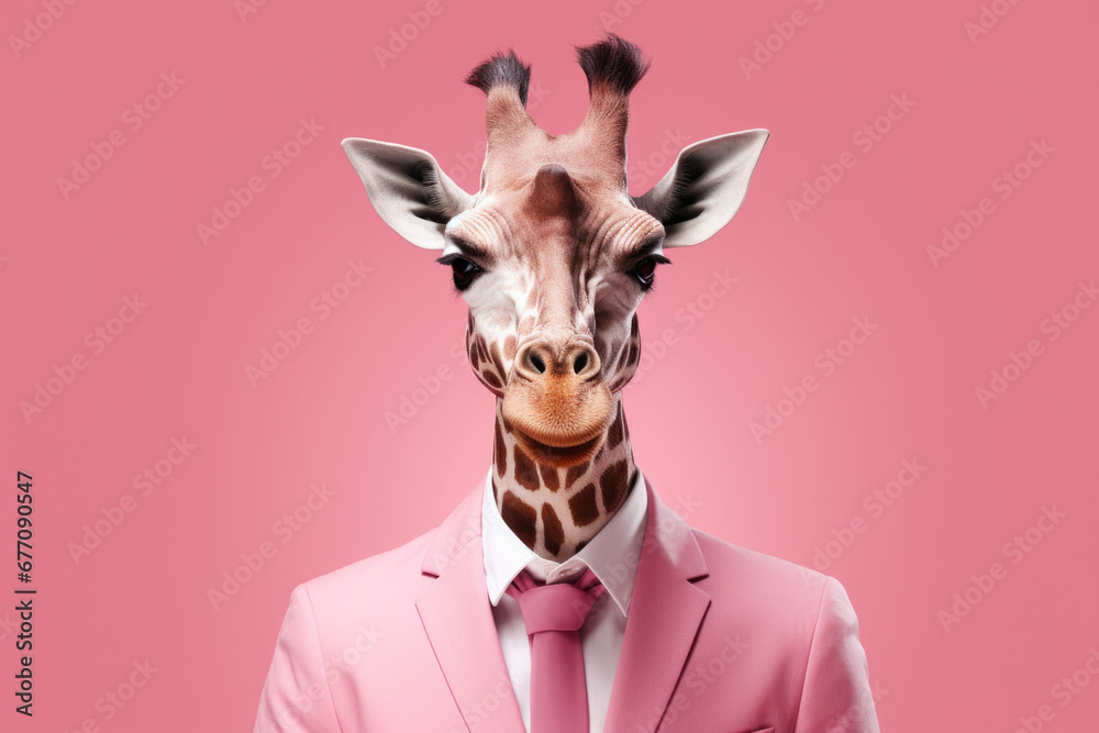 Aufkleber a picture of a giraffe dressed in a stylish pink suit and tie. this image can be used for various pu