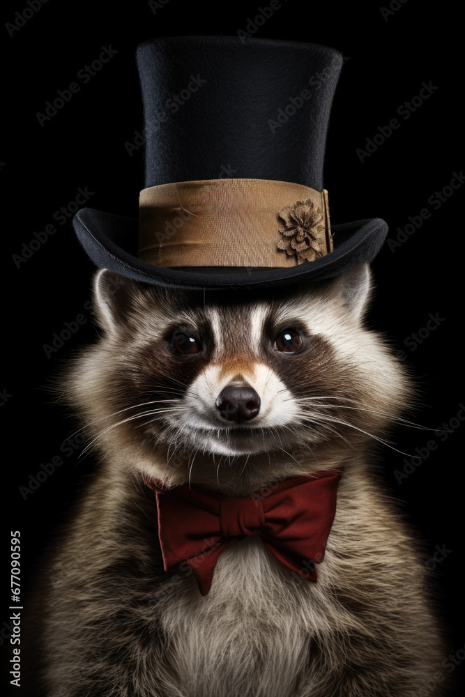 Poster a raccoon dressed in a fancy top hat and bow tie. this image can be used for various creative projec