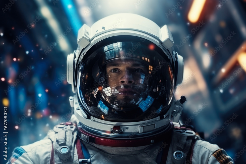 Poster a close-up view of a person wearing a space suit. this image captures the details of the suit and sh