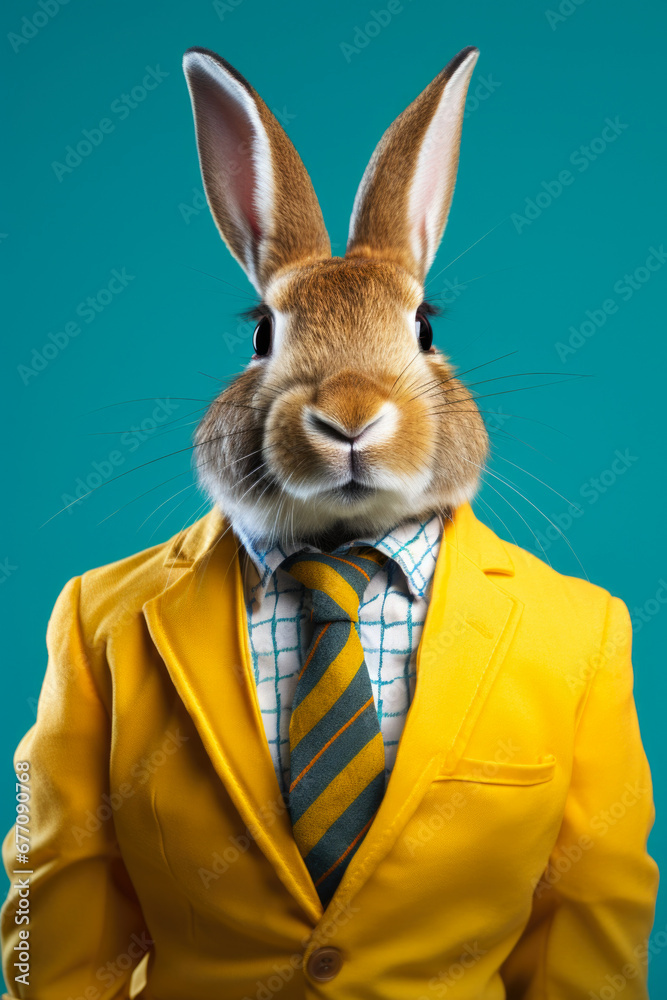 Poster a cute rabbit dressed in a yellow suit and tie. perfect for adding a touch of whimsy to your designs