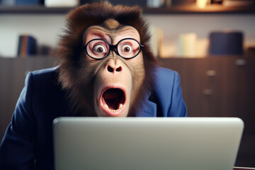 A monkey dressed in a suit and wearing glasses is looking at a laptop. This image can be used to represent a humorous or unexpected situation in a business or technology context