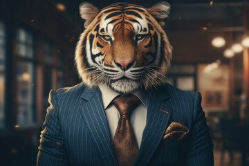 A man wearing a suit and tie with a tiger on his head. This image can be used to represent a unique and bold fashion statement or to illustrate creativity and individuality - obrazy, fototapety, plakaty