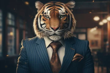Deurstickers A man wearing a suit and tie with a tiger on his head. This image can be used to represent a unique and bold fashion statement or to illustrate creativity and individuality © Fotograf