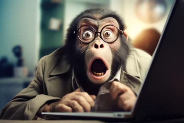 Tuinposter A monkey wearing glasses is seen looking intently at a laptop screen. This image can be used to represent curiosity, technology, or the use of digital devices in a fun and playful way © Fotograf