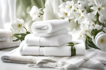 Fototapeta na wymiar Towels with white flower, Stack-O-Towels