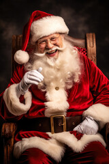 A man dressed as Santa Claus sitting in a chair. Suitable for holiday promotions and Christmas-themed designs