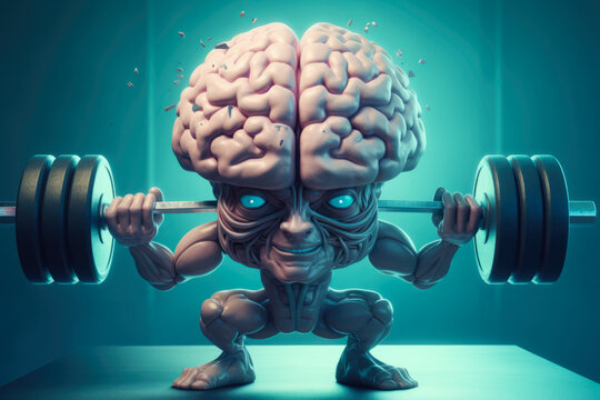 A cartoon character is shown lifting a barbell in front of a brain. This image can be used to represent mental strength and the concept of brainpower.