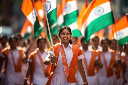 Indian people holding flags on Pride for Happy Republic Day of India.