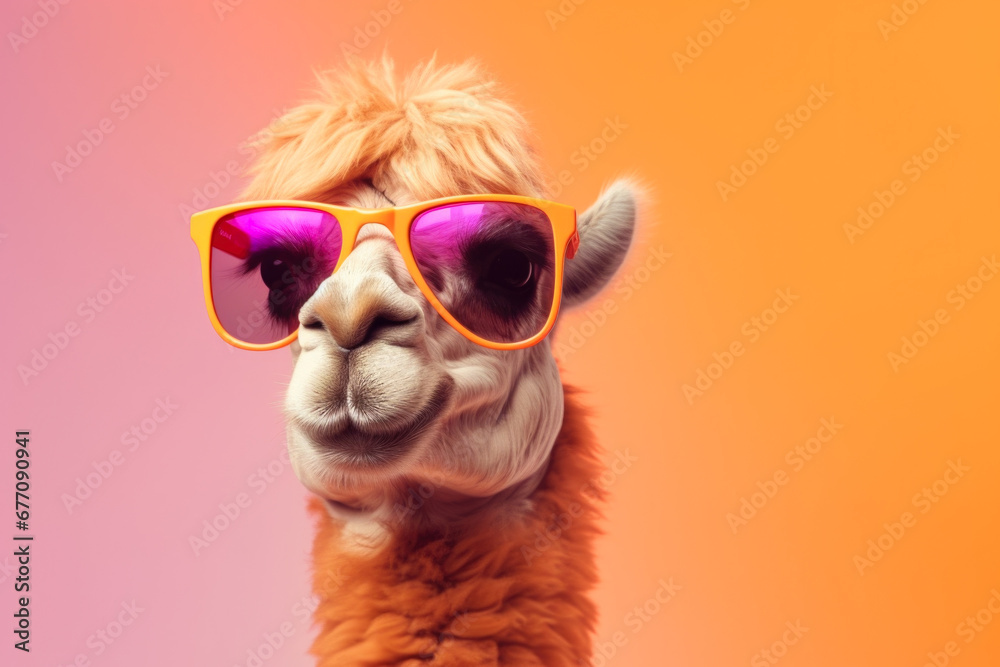 Poster a close-up shot of a llama wearing sunglasses. this image can be used to add a touch of humor or qui
