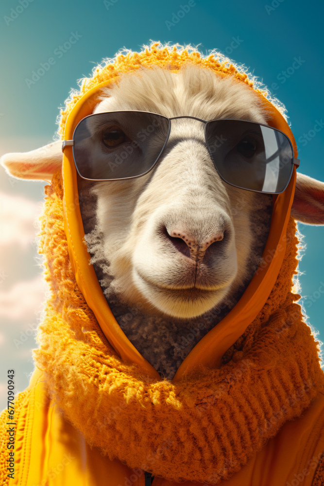 Aufkleber A sheep wearing sunglasses and a yellow jacket. This playful image is perfect for adding a touch of fun and whimsy to any project
