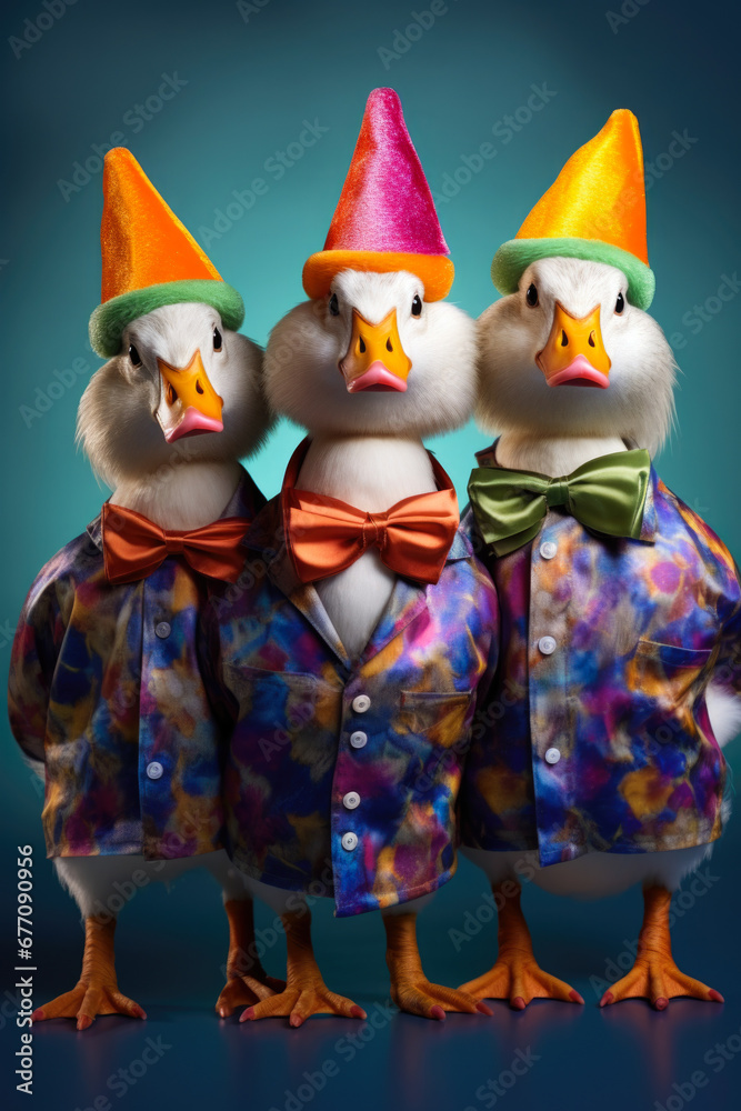 Aufkleber Three ducks dressed in vibrant and eye-catching outfits. This image can be used to add a touch of whimsy and cheer to various projects.