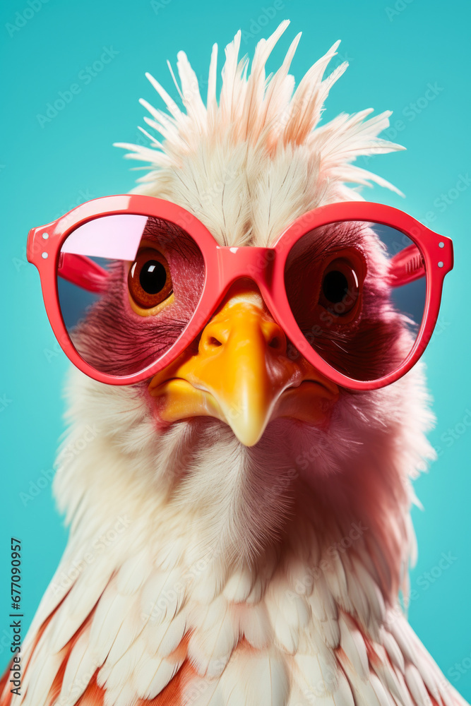 Poster A close-up image of a bird wearing sunglasses. This picture can be used to add a touch of humor and uniqueness to various projects.