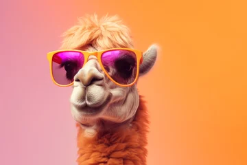 Tuinposter A close-up shot of a llama wearing sunglasses. This image can be used to add a touch of humor or quirkiness to various projects. © Fotograf