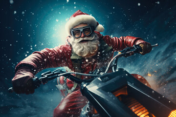 A festive image of Santa Claus riding a motorcycle through the snow. This picture can be used to add a touch of excitement and adventure to Christmas-themed designs and promotions.