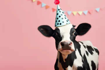 Gardinen A black and white cow wearing a party hat, ready to celebrate. Perfect for birthday invitations and farm-themed party decorations. © Fotograf