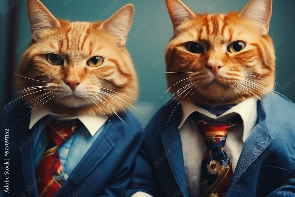 Poster Two cats dressed up in suits and ties. Perfect for adding a touch of sophistication and humor to any project or design.