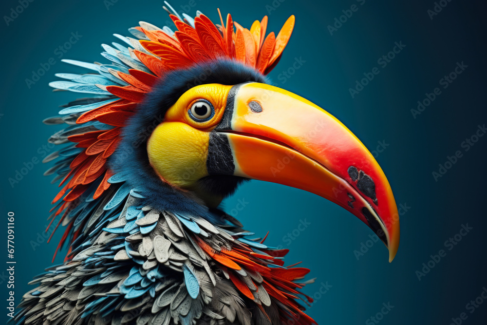Poster a vibrant and detailed close-up shot of a colorful bird against a bright blue background. perfect fo