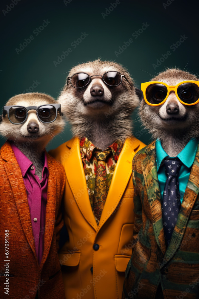 Poster Three meerkats dressed in suits and sunglasses. Perfect for adding a touch of humor and style to any project.
