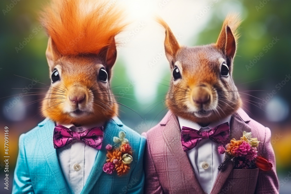 Poster Two squirrels dressed in suits and bow ties. Perfect for adding a touch of whimsy to your projects or for nature-themed designs.