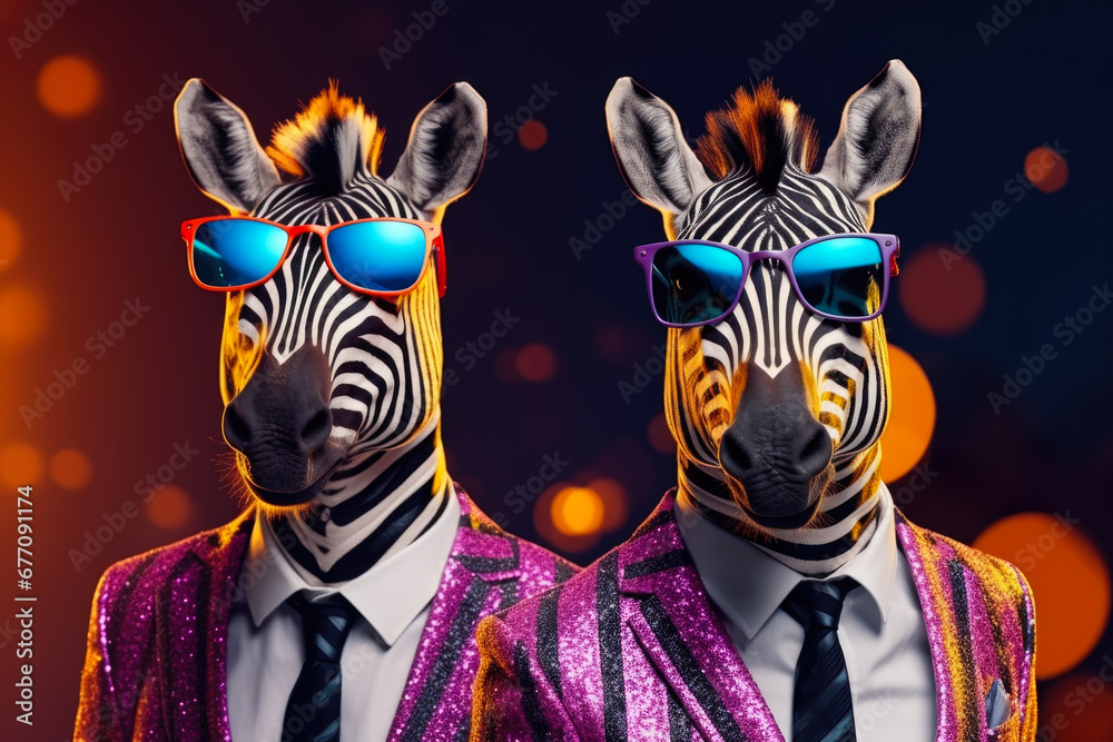 Poster Two zebras dressed up in suits and sunglasses. Perfect for adding a touch of humor and style to any project.